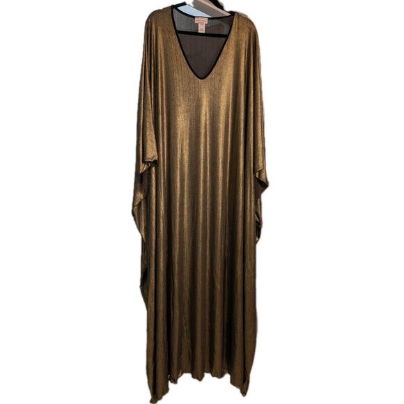 Karen-T Design Gold Metallic Kaftan Maxi Dress Made in USA One Size Glam - Picture 2 of 4